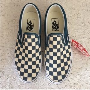 Blue/Dark Teal Checkerboard Classic Vans Slip-ons